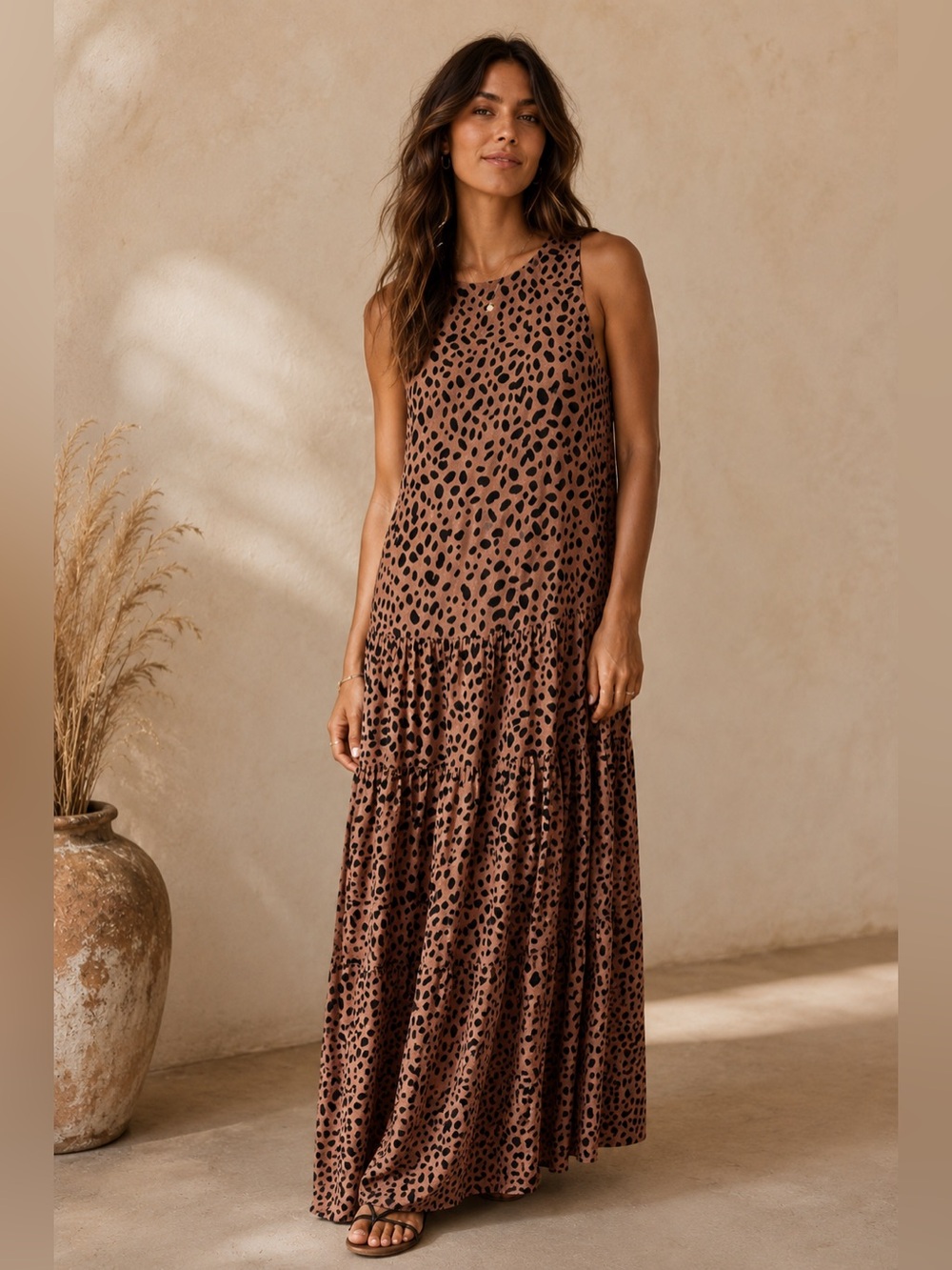 Fame & Partners Tiered Leopard Print Sleeveless Brown Black Maxi Dress size 0